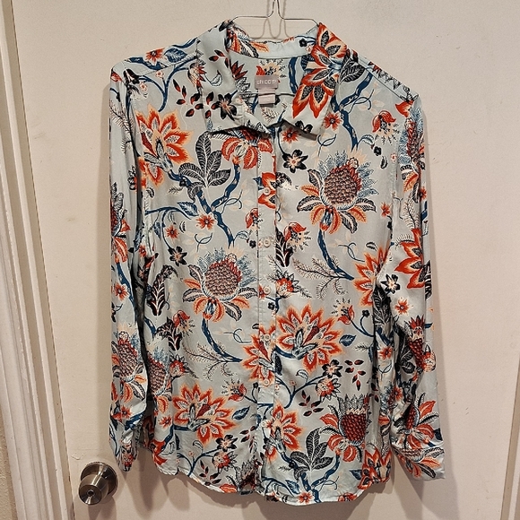 Chico's Sand Wash Satin Paisley Floral 100% Modal Button Down Shirt Sz 3 (XL) - Picture 1 of 7